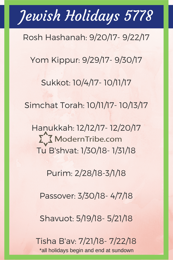 When are the Jewish Holidays in 5778?