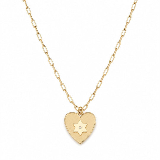 Shelly Heart Star of David Diamond Paperclip Necklace by Miriam Merenfeld - (Sterling Silver or Gold-Plated)