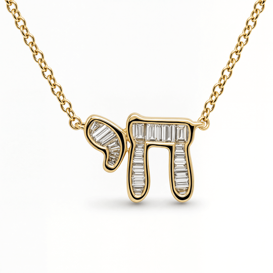 Hebrew Chai Baguette Diamond Necklace - 14k Yellow, White or Rose Gold