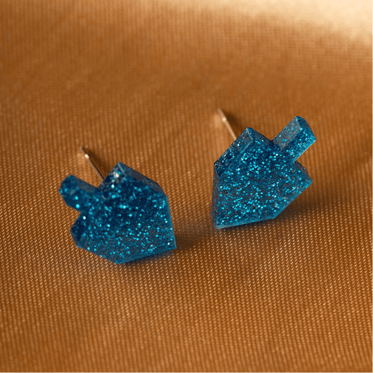 Dreidel Stud Earrings - Blue Glitter