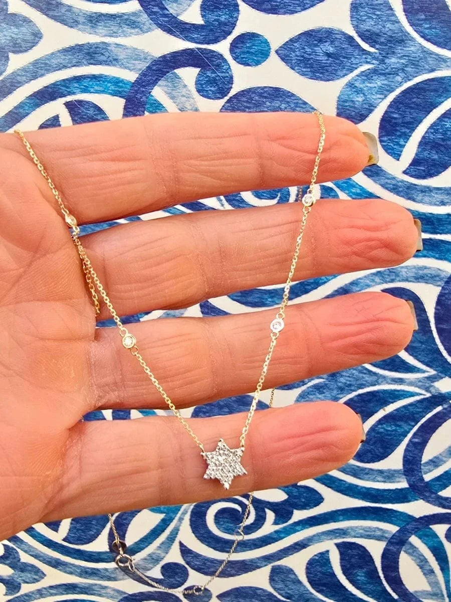 Alef Bet Necklaces Star of David Necklace with Diamond Chain - 14k Yellow, White or Rose Gold