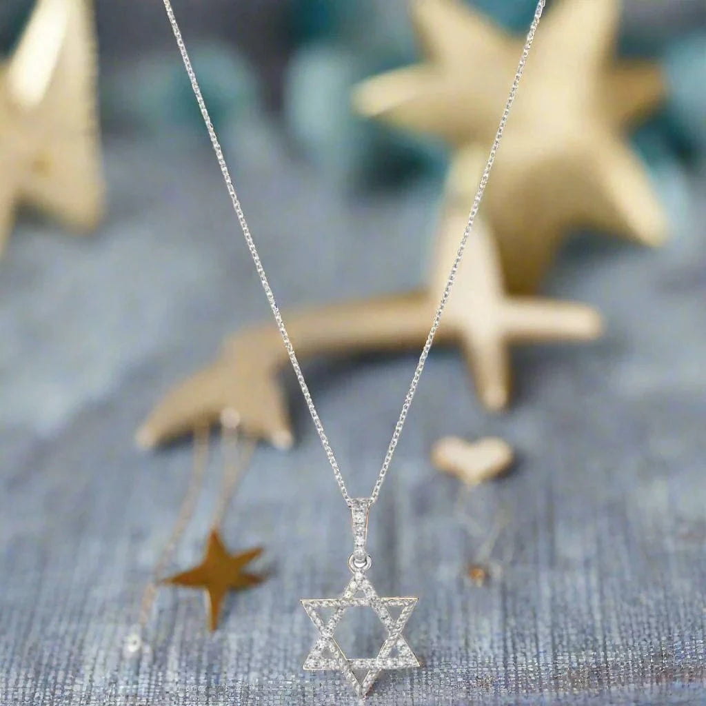 Alef Bet Necklaces Star of David Necklace with More Diamonds - 14k White Gold