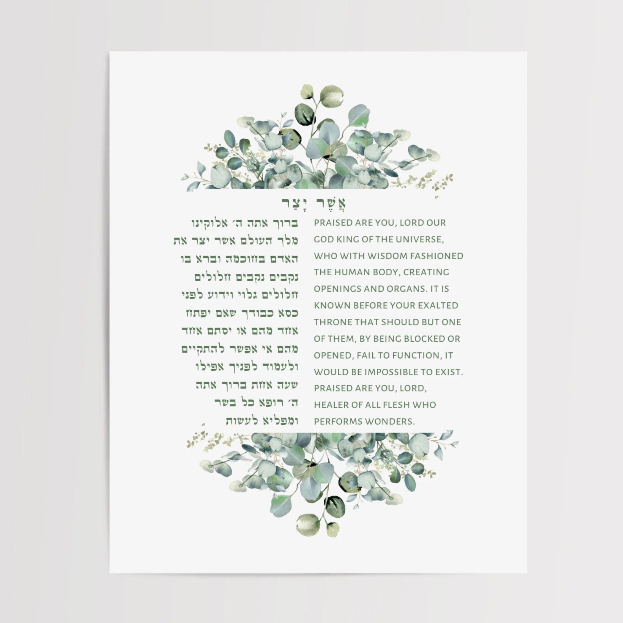 Jewish Prayer for Good Health, Healing Blessing, Judaica Wall Art, Get Well, Prayer for the Sick, Asher Yatzar, good Eucalyptus, Gold