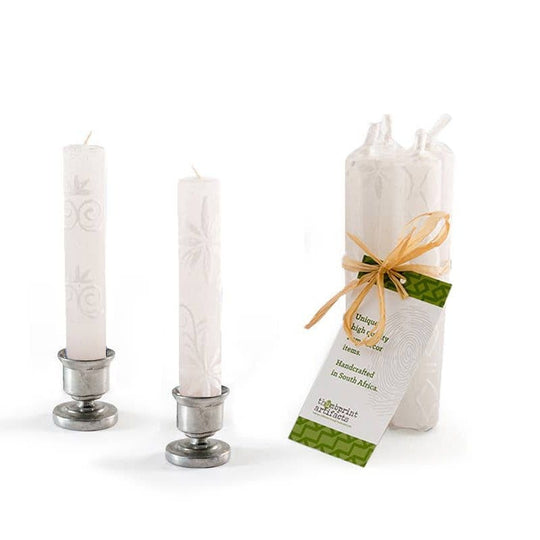 Hand-Painted White-on-White Floral Shabbat Candles - Pack of 4