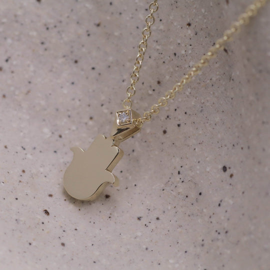Solid Hamsa with Diamond Necklace - 14k Yellow, Rose or White Gold