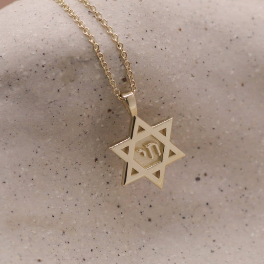 Chai Star of David Necklace - 14k Yellow, Rose or White Gold