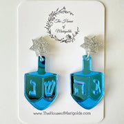 The House of Marigolds Earrings Silver Dreidel Star of David Dangle Earrings - Gold or Silver
