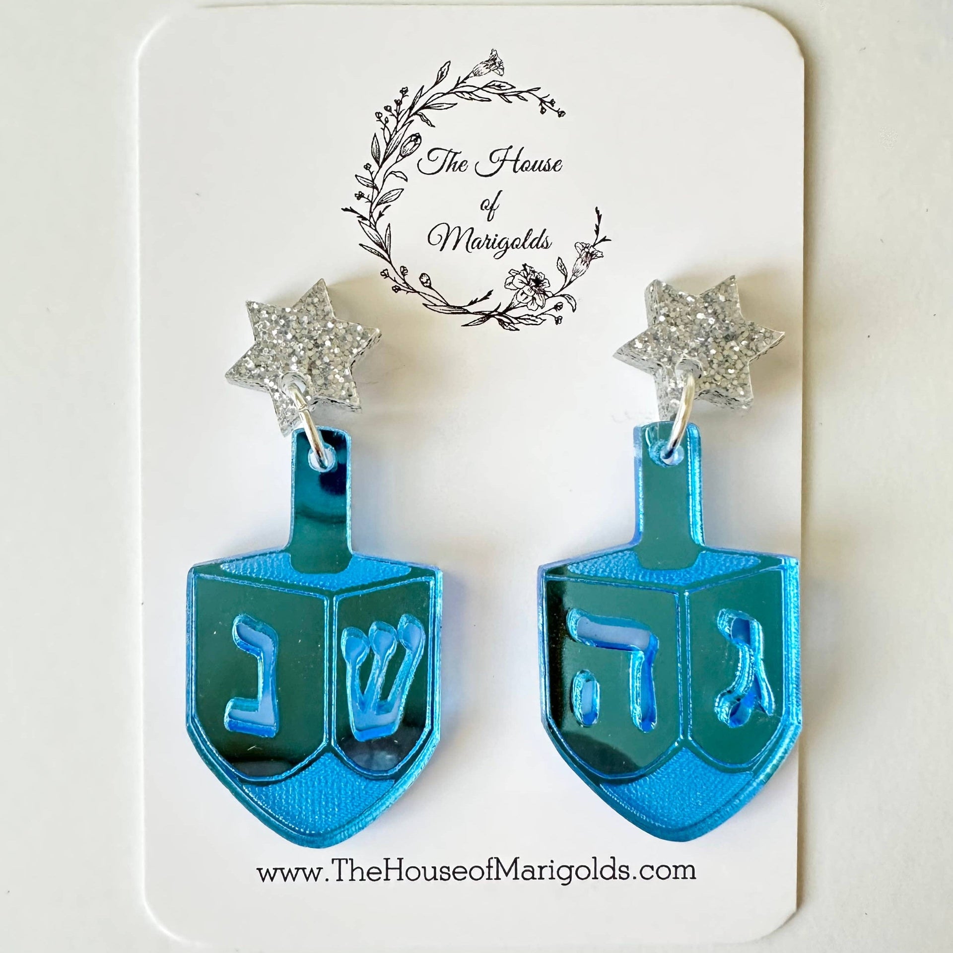 The House of Marigolds Earrings Silver Dreidel Star of David Dangle Earrings - Gold or Silver