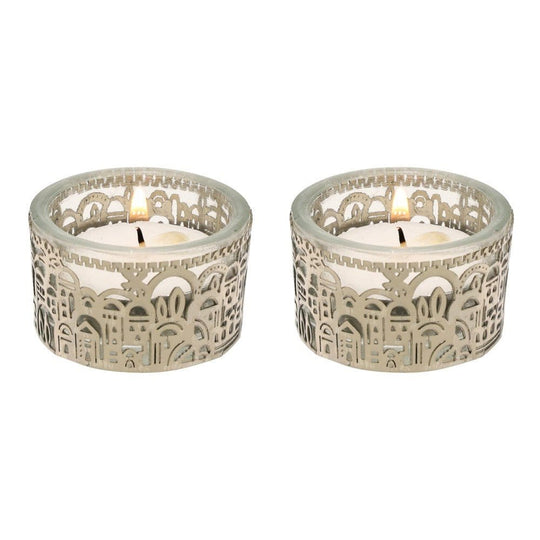 Tea Light Holders With Metal Cutout of Jerusalem by Yair Emanuel - Silver