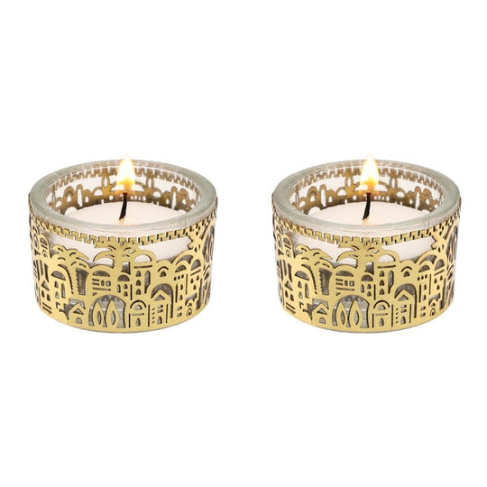 Tea Light Holders with Metal Cutout of Jerusalem by Yair Emanuel - Gold