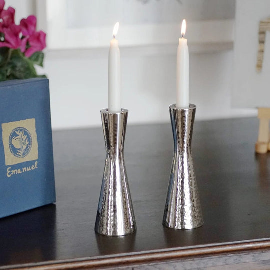 Medium Silver Nickel Hammered Shabbat Candlesticks by Yair Emanuel