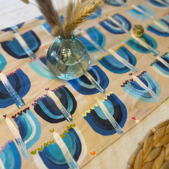 Blue Menorah and Hearts Table Runner