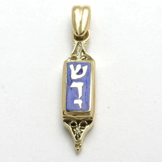 Blue Enamel Mezuzah Necklace with Shaddai Filigree - 14k Yellow Gold