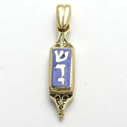 14k Yellow Gold Blue Enamel Mezuzah Necklace with Shaddai Filigree