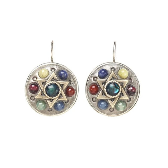 Gemstone Star of David Circle Earrings by Michal Golan