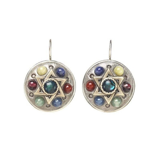 Gemstone Star of David Circle Earrings by Michal Golan