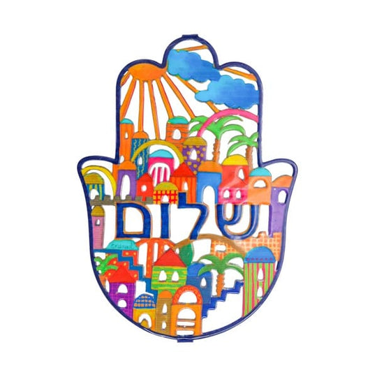 Hamsa Wall Art with Jerusalem and Shalom by Yair Emanuel