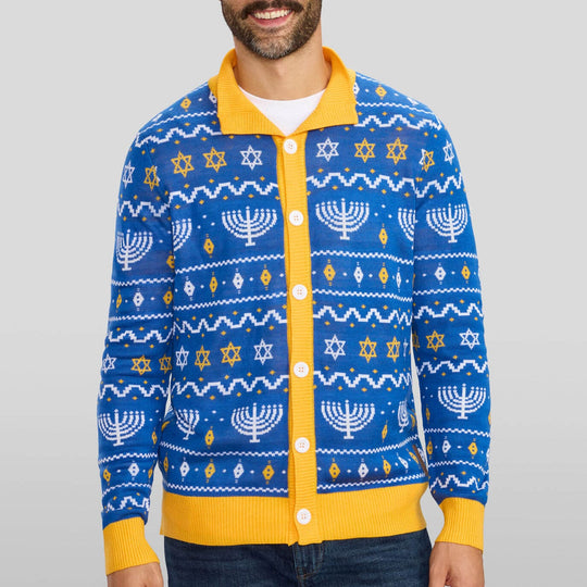 Men's Menorah Print Cardigan Sweater by Tipsy Elves (Sizes Small - 5XL)