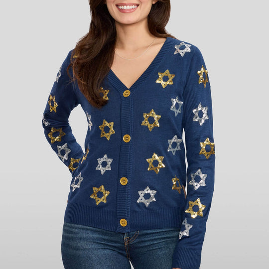 Women's Shimmering Star of David Cardigan Sweater by Tipsy Elves (Sizes Small - 5XL)