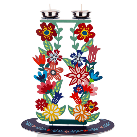 Tall Floral Shabbat Candlesticks - Rainbow