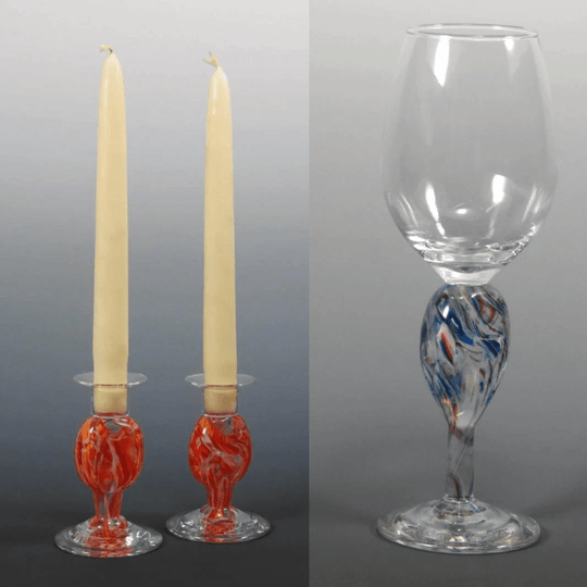 Smash Glass Short Shabbat Candlesticks and Kiddush Cup Set by NolaGlass