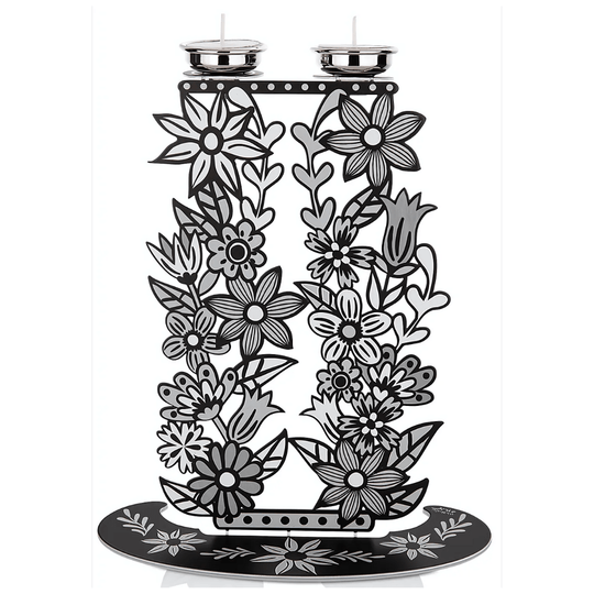 Tall Floral Shabbat Candlesticks - Black and White