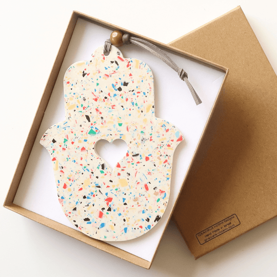 White and Rainbow Terrazzo Wall Hamsa