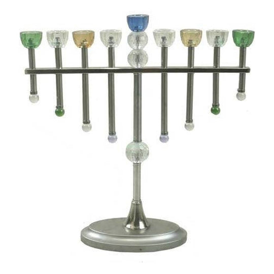 Silver Oil Menorah with Colored Glass Cups