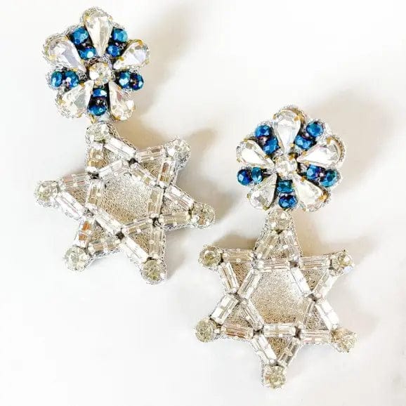 Dos Femmes Earrings Sparkly Silver and Blue Star of David Earrings