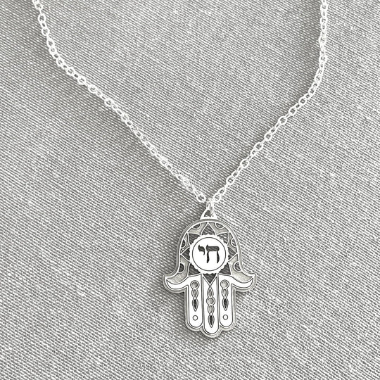 Fortuna Chai Hamsa Necklace by Miriam Merenfeld - (Sterling Silver or Gold-Plated)