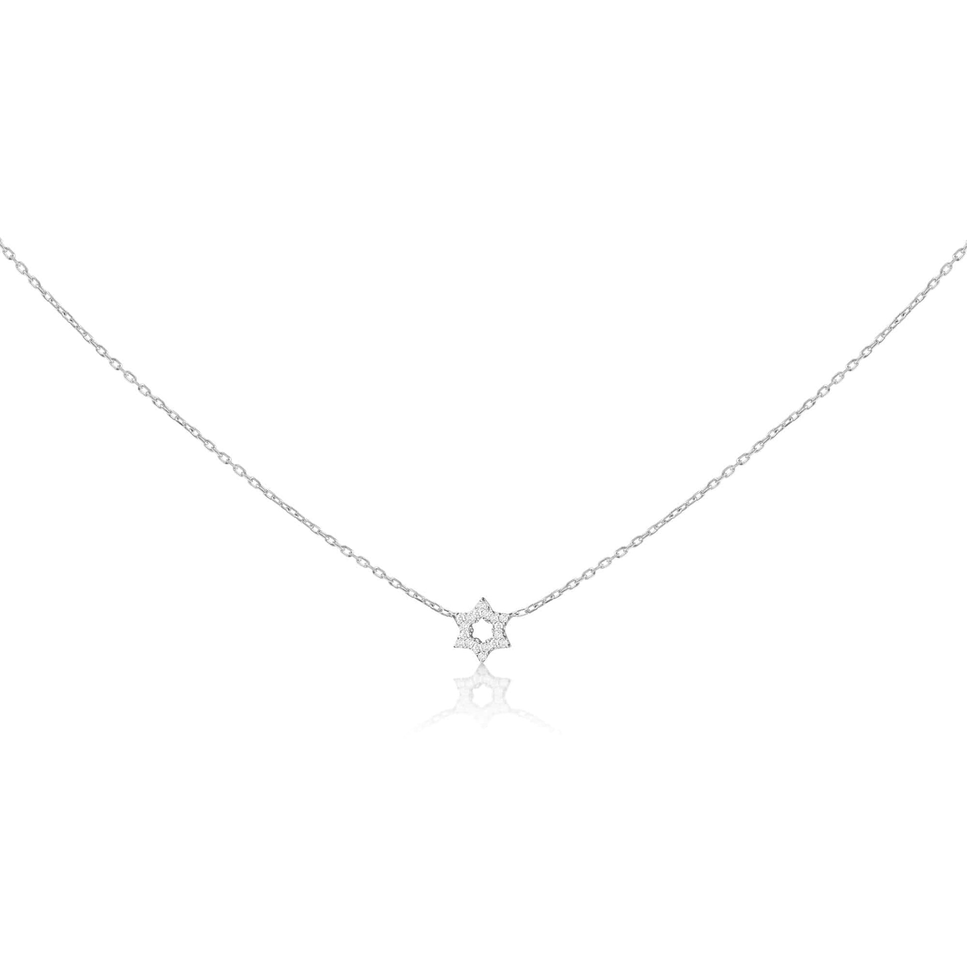 Alef Bet Necklaces Diamond Pendant with Jewish Star of David in 14k White Gold - 16" Chain