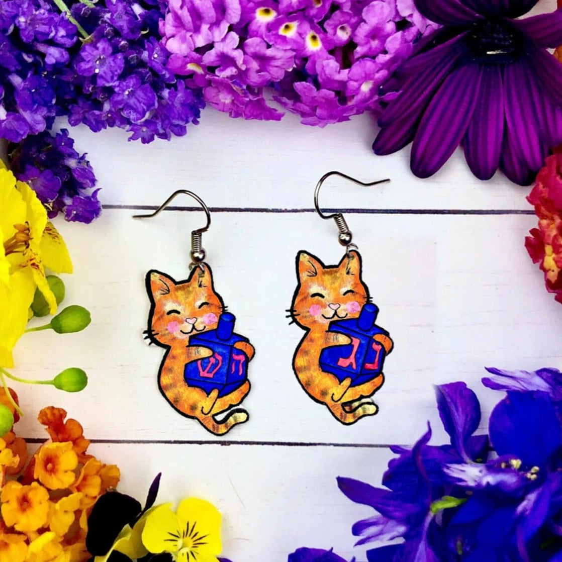 Amelia's Art-ifacts Necklace Sleepy Cat and Dreidel Hanukkah Earrings