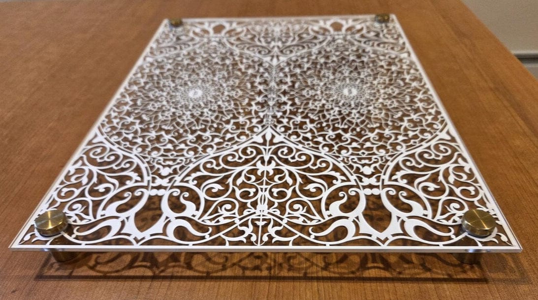 Sketch Blue Studio Challah Boards Intricate Paper Cut Glass Challah Board by Sketch Blue Studio – Choice of Metal Standoffs