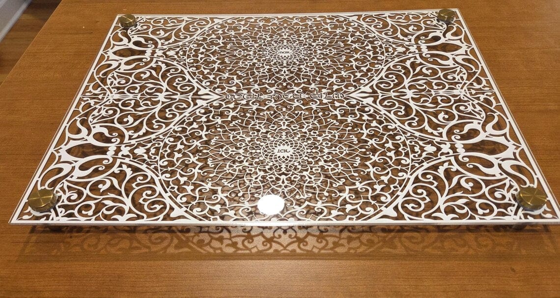 Sketch Blue Studio Challah Boards Intricate Paper Cut Glass Challah Board by Sketch Blue Studio – Choice of Metal Standoffs