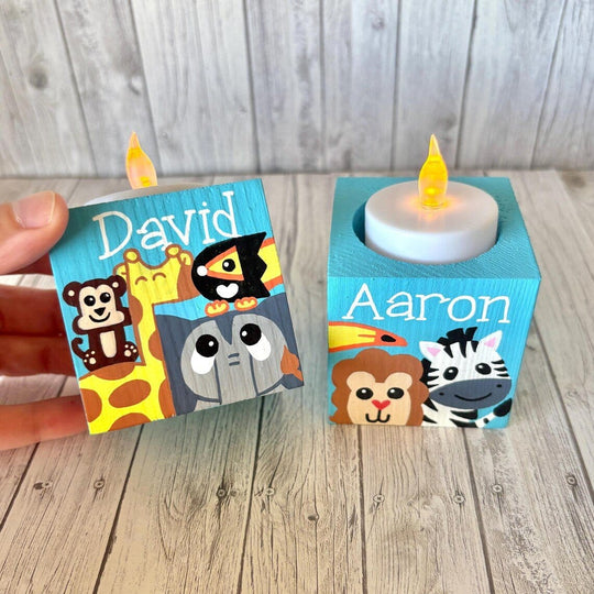 Personalized Light Blue Zoo Shabbat Candlesticks