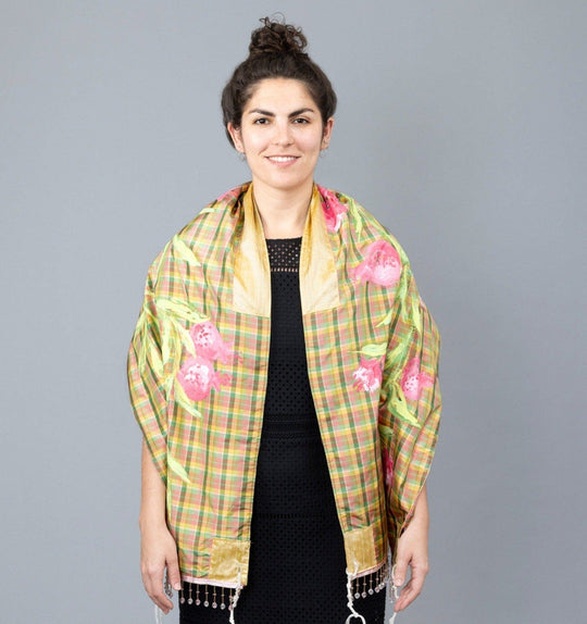 Pink, Green, and Yellow Silk Plaid Tallit with Hand-Painted Pomegranate Design