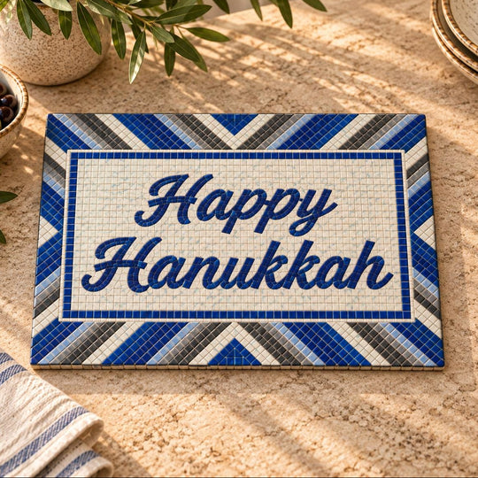 Happy Hanukkah Mosaic-Style Glass Menorah Drip Tray