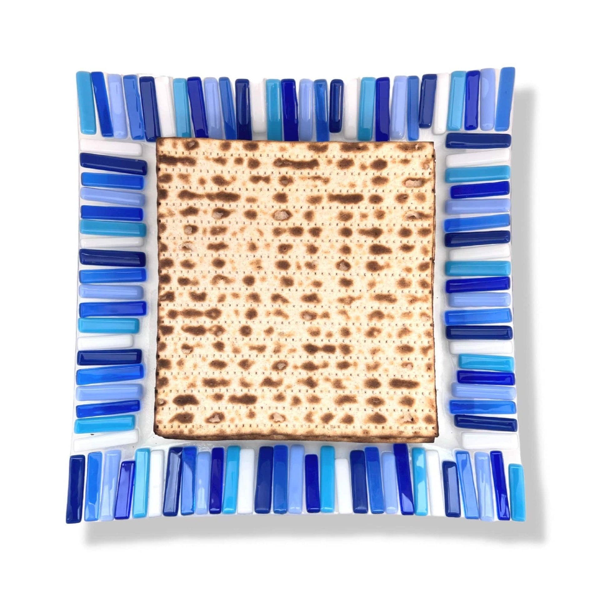 Shevi B Glass Creations Matzah Plates Fused Glass Matzah Tray - Blue Sticks