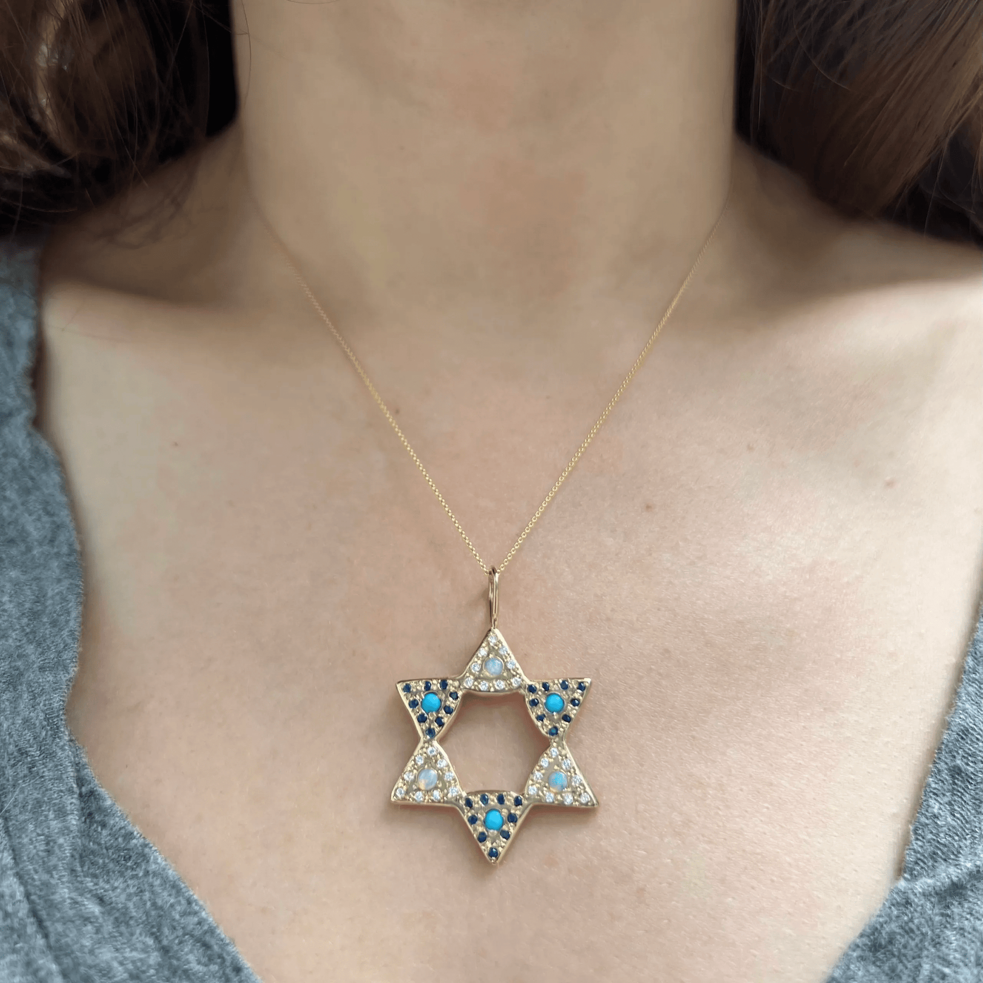 Elisa Solomon Necklaces Opal and Turquoise Large Star of David Charm by Elisa Solomon - 14k Yellow, Rose or White Gold