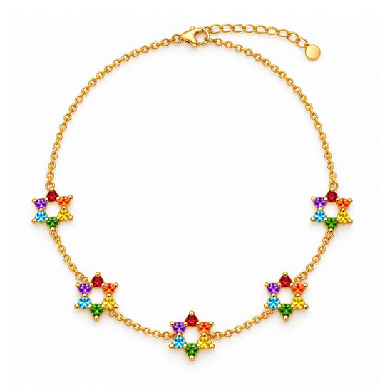 Rainbow Gem Motif Star of David 5 Station Necklace by MORDEKAI - Gold Vermeil or Sterling Silver