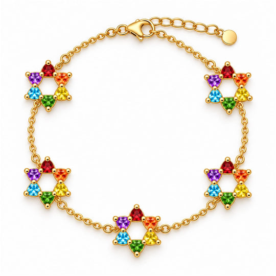 Rainbow Heart Star of David 5-Motif Bracelet by MORDEKAI - Gold Vermeil or Sterling Silver