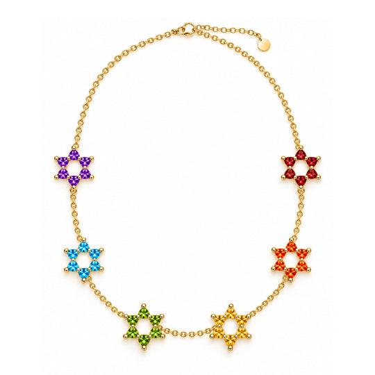 Rainbow Ombré Gem Motif Star of David 6 Station Necklace by MORDEKAI - Gold Vermeil or Sterling Silver