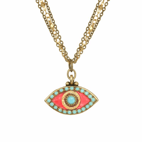 Swarovski Crystals Pink and Turquoise Evil Eye Necklace by Michal Golan