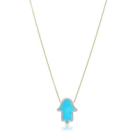 14k Gold Hamsa Diamond Frame Necklace Turquoise or Mother of Pearl