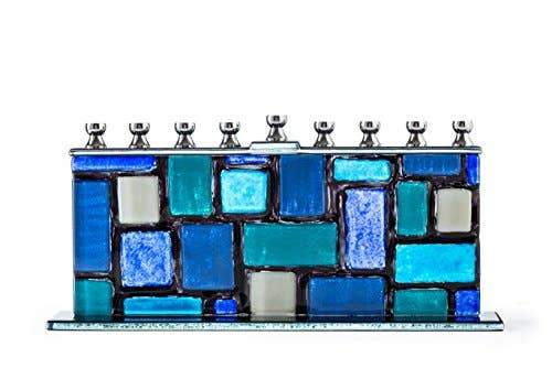 Ner Mitzvah Menorahs Painted Glass Menorah - Blue Wall of Jerusalem