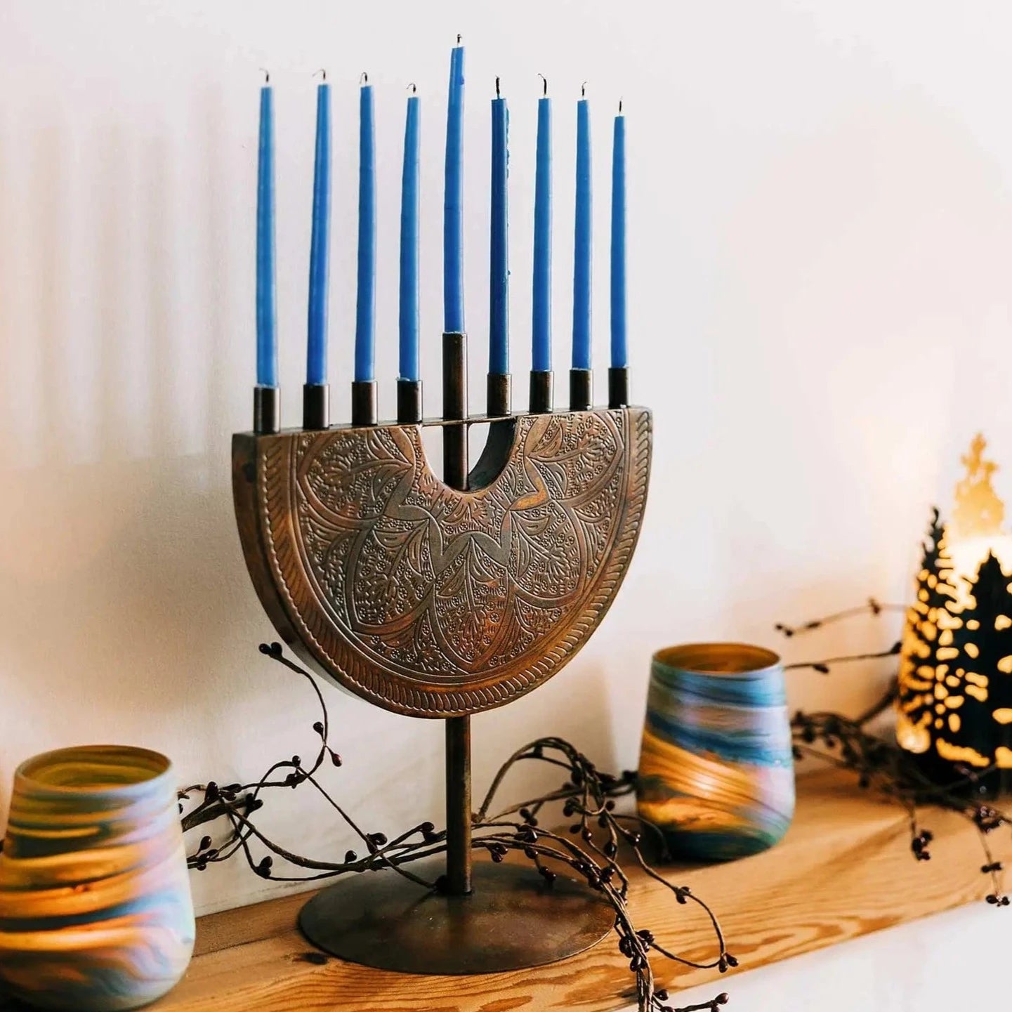 Custom Engraved Copper With Hand store Painting Enamel & Zircons Seven Branch 10 Inch Height Israel Authentic And Modern Menorah