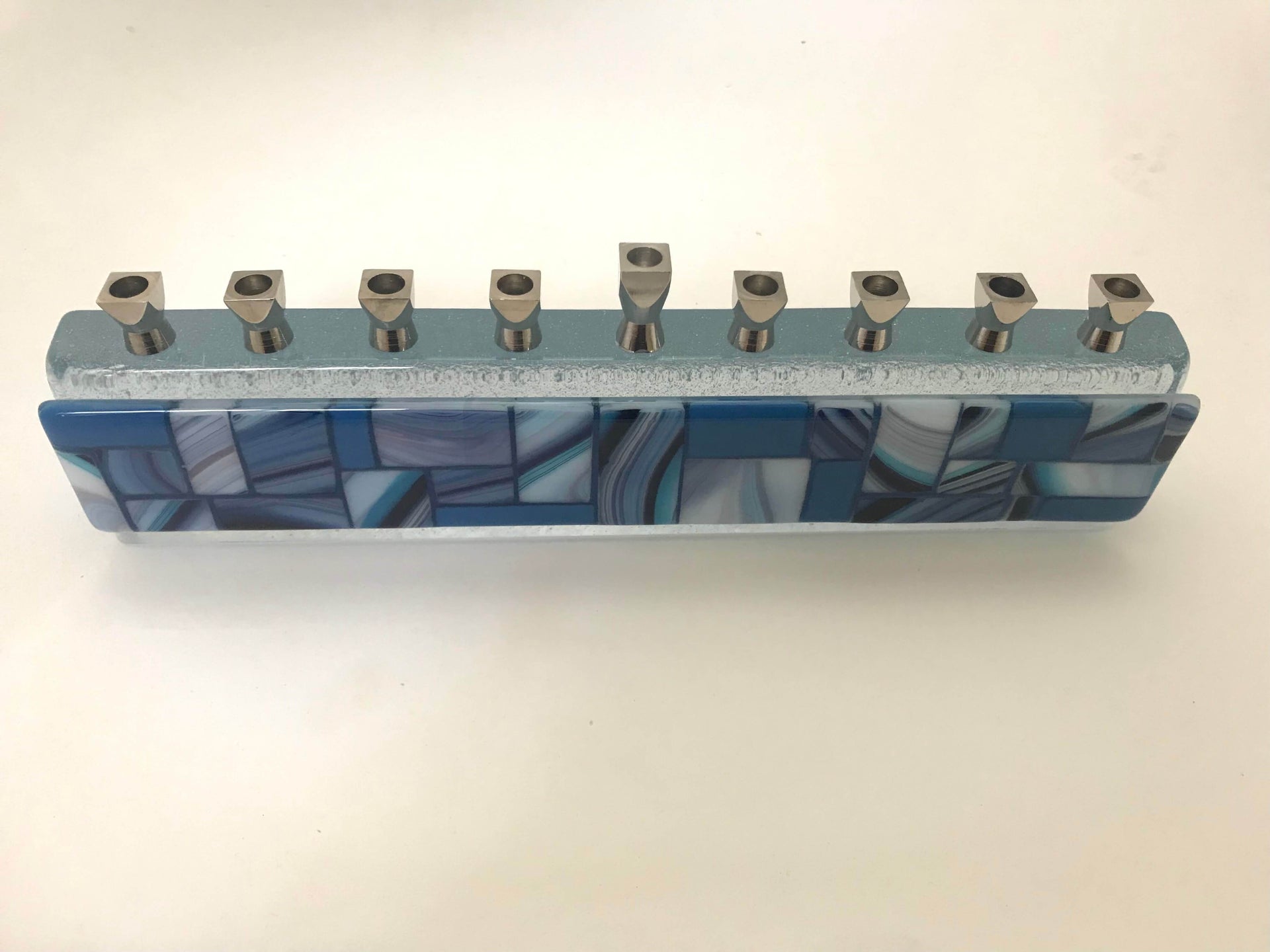 Alef To Tav Menorahs Shades on Blue Handmade Glass Menorah