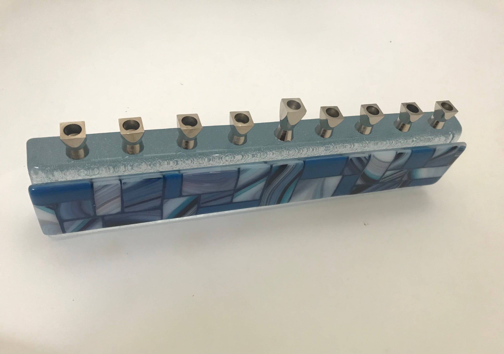 Alef To Tav Menorahs Shades on Blue Handmade Glass Menorah