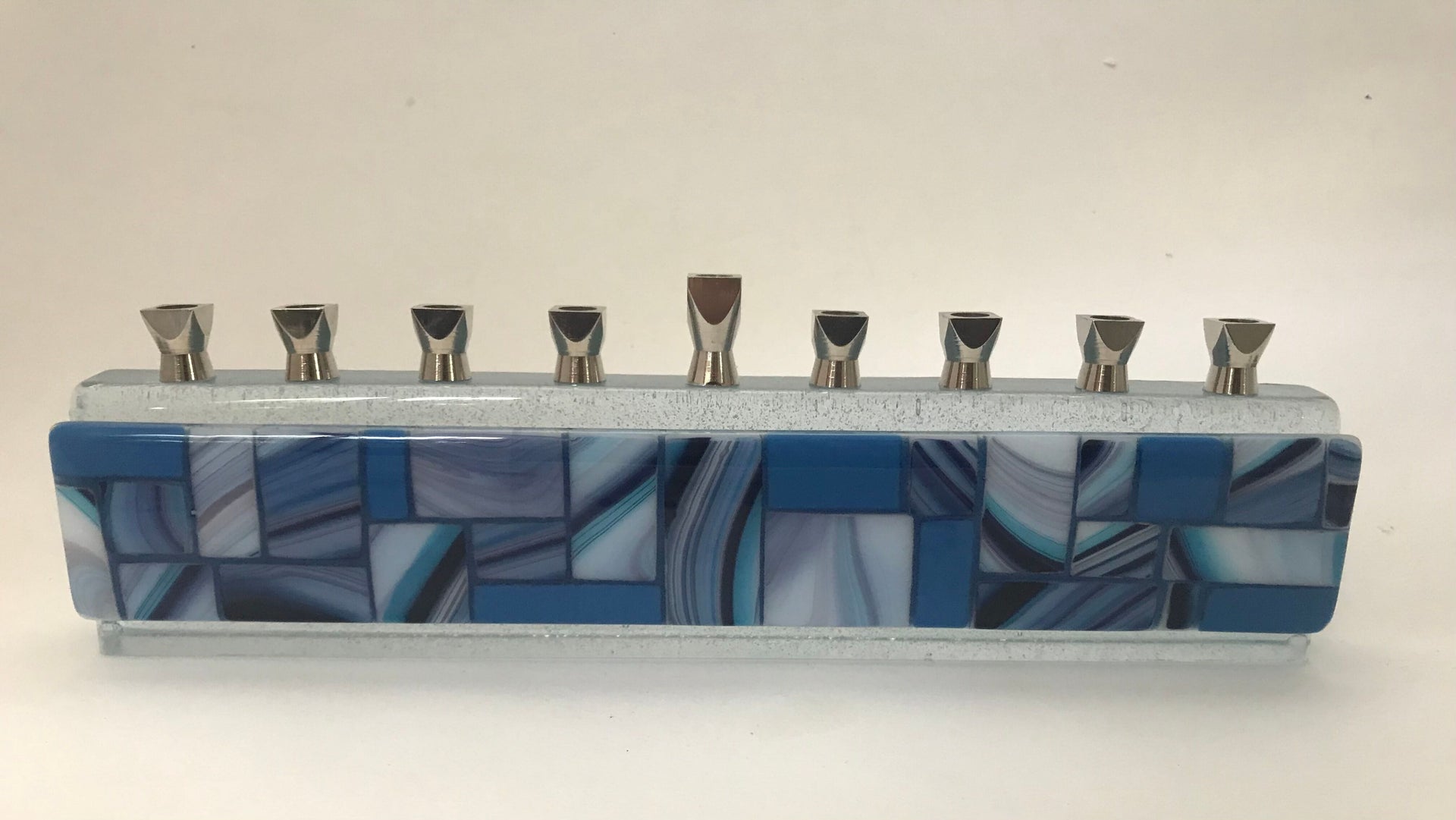 Alef To Tav Menorahs Shades on Blue Handmade Glass Menorah