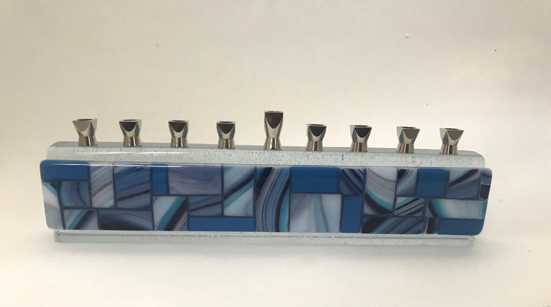 Alef To Tav Menorahs Shades on Blue Handmade Glass Menorah